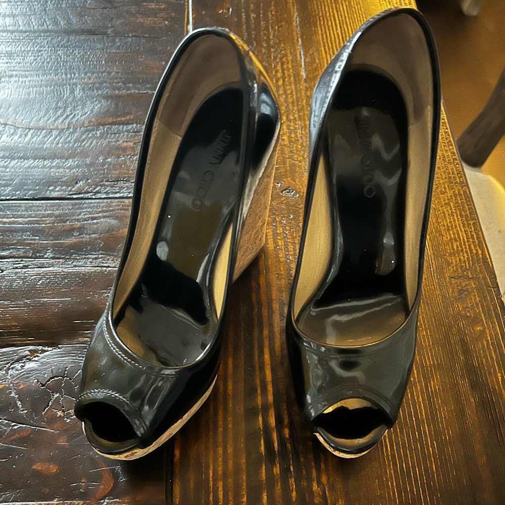Authentic Jimmy Choo black patent peel toe wedges, size 6